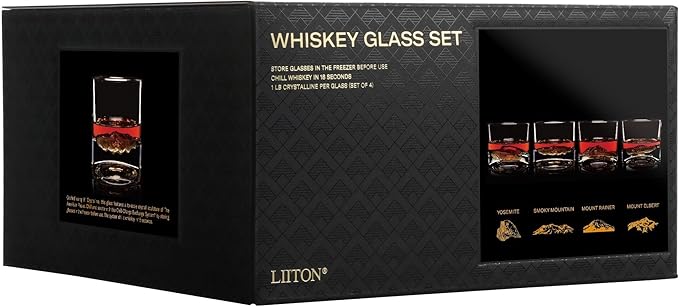 American Peaks Heavy Crystal Whiskey Glasses Gift Set of 4, Thick Freezable Bourbon Glass 1lb Each, Premium Whiskey Gifts for Men, Frozen Crystal Chills Cocktails, 10 oz