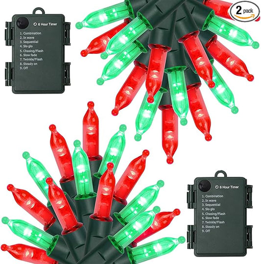 WATERGLIDE 2 Pack 50 LED Outdoor Christmas Lights, 16FT Battery Operated Mini String Lights with 8 Modes & Timer, Xmas Tree Lights Waterproof for Patio Garden Party Wedding Holiday Decor, Red & Green