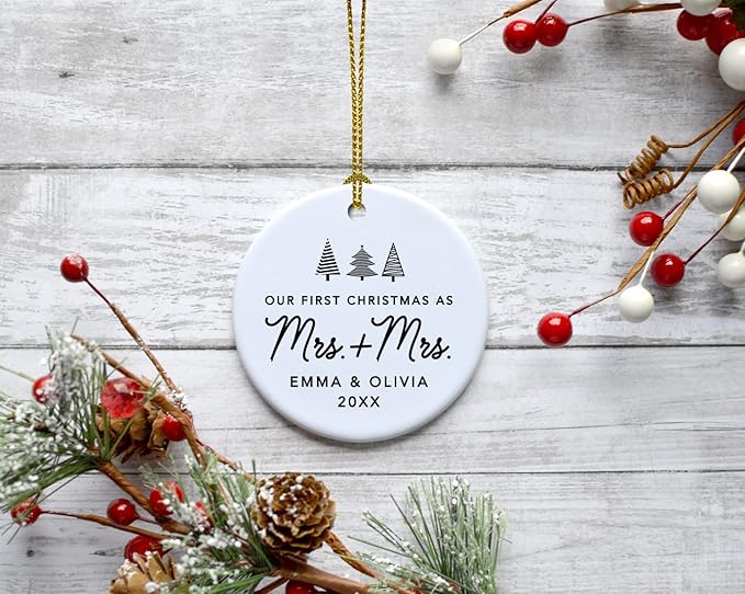 Andaz Press Personalized Our First Christmas As Mrs. & Mrs. 2025 Christmas Ornaments Christmas Trees Design 2.8" Round Porcelain Ceramic Lesbian Married Couple Gay Women Newlyweds Keepsake 1-Pack
