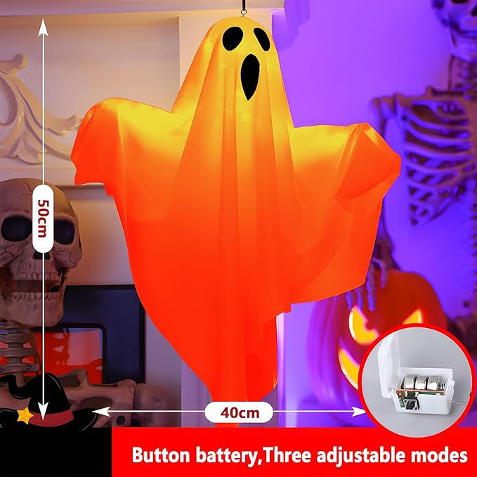 Halloween Light-up Ghost Decorations,Halloween Hanging Flying Ghosts with String Lights,Battery Operated Light up Spooky Ghosts Ornaments for Front Yard, Patio, Lawn, Garden, Party, 19.6 Inch, 2 Pack