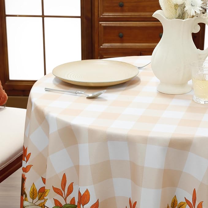 Romanstile Fall Round Tablecloth, Thanksgiving Autumn Harvest Pumpkin Buffalo Plaid Table Cloth, Stain Resistant Washable Table Cover for Party/Dining/Holiday- Orange Checkered, 60 Inch