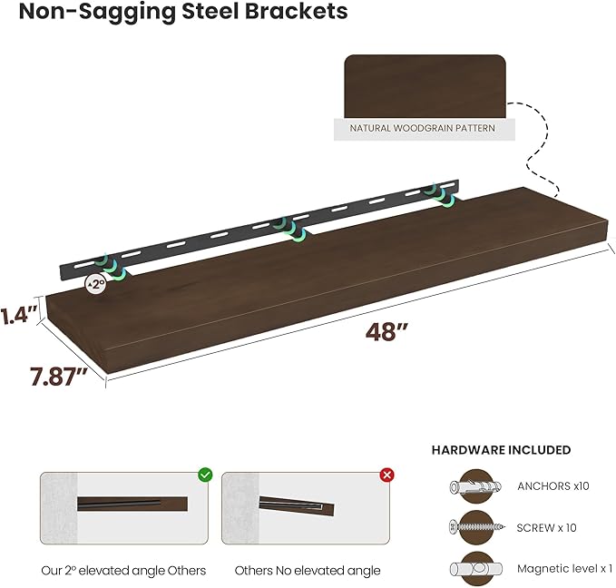 Walnut Floating Shelves for Wall 48 Inch, 8 in Deep Single Wood Shelf Floating Rustic Farmhouse Decor, Heavy Duty Shelf Hold 100 lbs, Wall Shelves for Bathroom Living Room Kitchen Bedroom Office