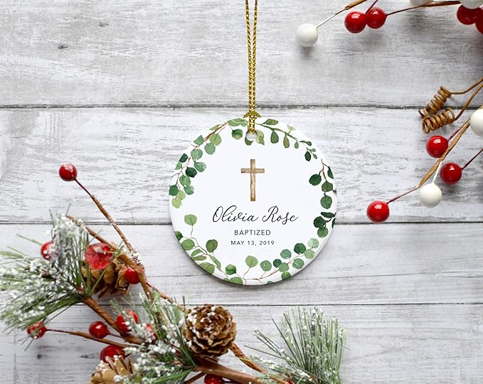 Andaz Press Personalized Baptism Ornament 2025, Round Ceramic Porcelain Baptism Christmas Ornament, Olivia Rose Carter Baptized May 1, 2025, Farmhouse Eucalyptus Wreath, 1-Pack Custom