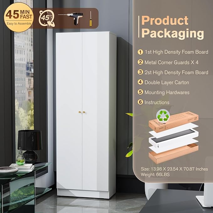 5 Tier Metal Curio Cabinets, Modern Bookshelf Cabinet with 4 Adjustable Shelves, Cabinet Display Case for Home Office, Living Room, Pantry (White-23.54W-Metal Door)