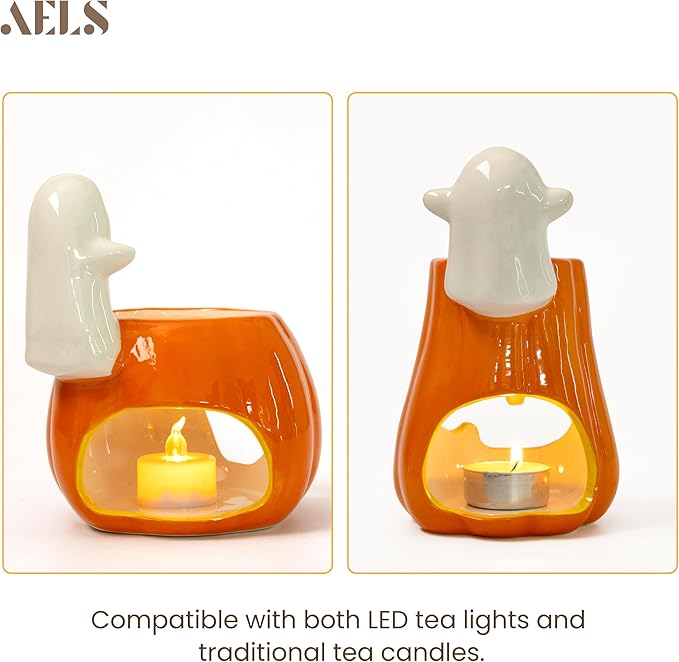 AELS Halloween Pumpkin Tealight Holders – Set of 3 Ceramic Jack O' Lantern Candle Holders with Ghosts, Spooky Sculptures Ghost Figurines, Indoor Tabletop Decorations for Holiday Party Home