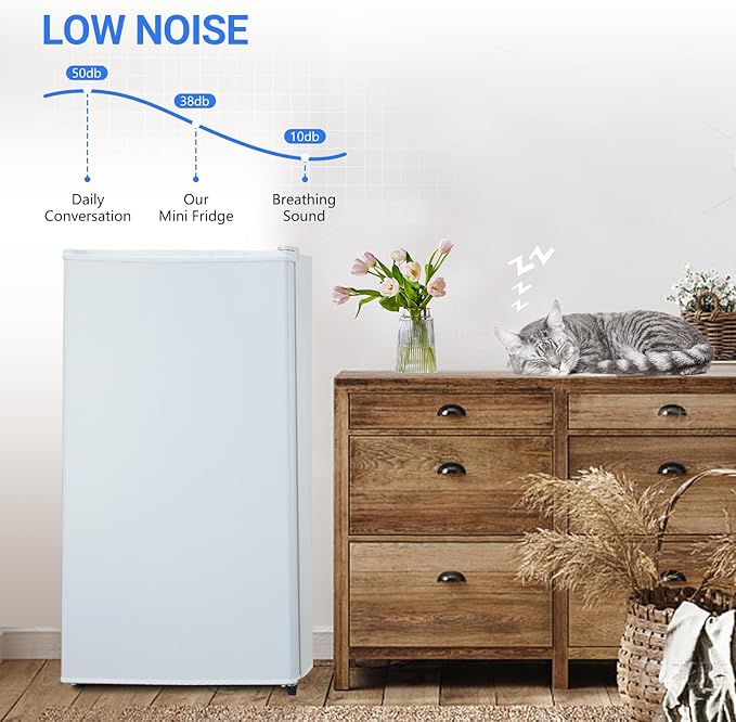 3.2 Cu.Ft Mini Fridge with Freezer, Small Refrigerator with Single Door and Adjustable Thermostat, Shelf, Energy Efficient, Compact Fridge for Bedroom, Office，white