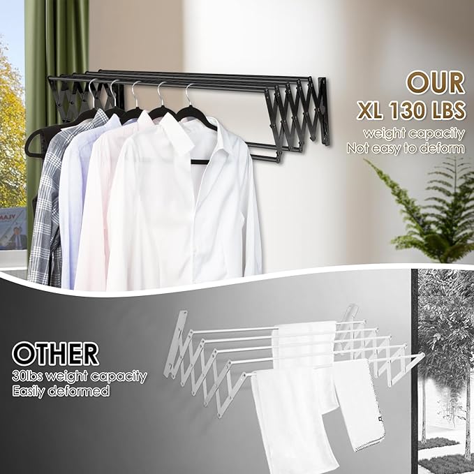 XL-31.5'' Wall Mounted Clothes Drying Rack, 130 lbs Large Capacity Rustproof Retractable Collapsible Drying Rack Easy Install with 7 Drying Rods, Space Saving Towel Clothes Rack for Laundry-Black