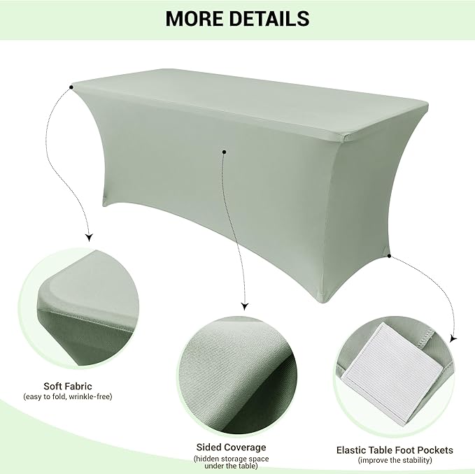 Obstal 2PC Sage Green Tablecloth - 4ft Rectangle Spandex Table Cover for Party, Events, Banquets & Weddings, Machine Washble