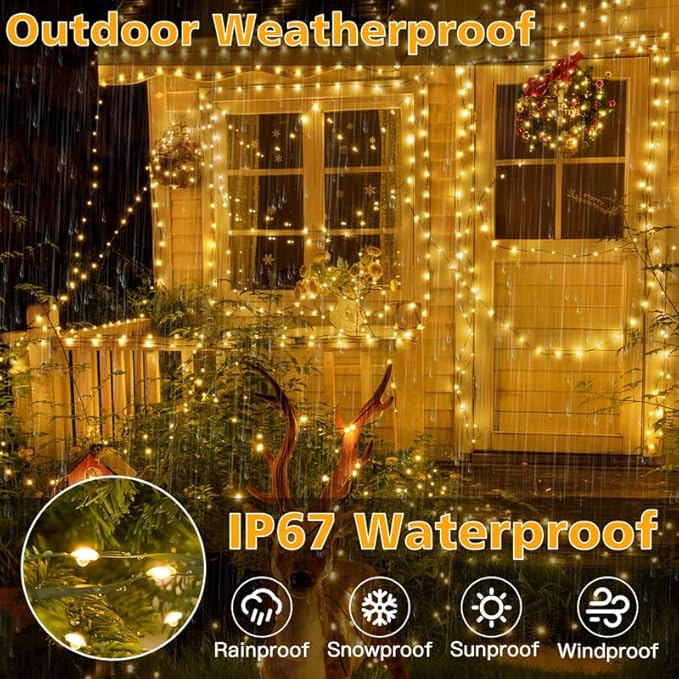Ollny Christmas Lights Outdoor, 393FT 1200 LED IP67 Waterproof Christmas Tree Lights with 8 Modes Remote Timer, String Lights for House Yard Outside Indoor Xmas Decorations Warm White