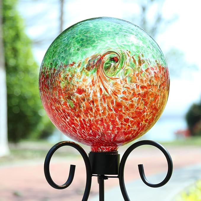 VCUTEKA Gazing Ball, Glass Gazing Balls Sphere for Garden Lawn Outdoor Ornament Yard Decorative, Red Swirl, 10"