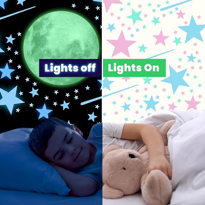 liderstar Glow in The Dark Stars and Moon for Ceiling, Luminous Stars and Moon Wall Decal, Wall Decor,Sticky Fluorescence Stars,Gift for boy and Girl Perfect for Kids Nursery Living Room(Colorful)