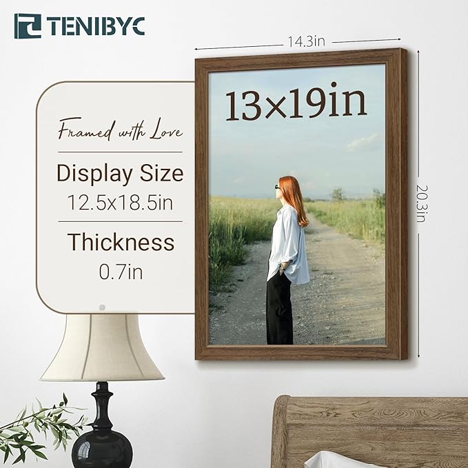 13x19 Picture Frame 3 Pack - Brown Woodgrain, Wood Photo Frame, HD Tempered Glass, Wall Gallery Poster Frame