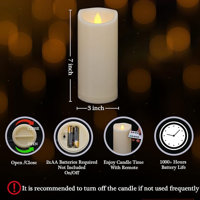 Outdoor Waterproof Flameless Candles with Remote and Timers, 1000 Hours Long Battery Operated LED Pillar Candles, Electric Fake Candles, Ivory Plastic, D3 X H7, 1 Pack