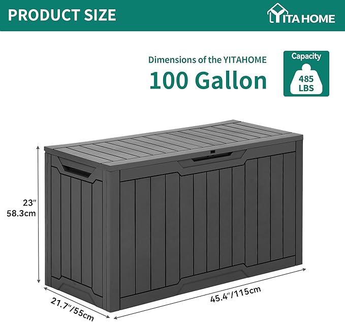 YITAHOME 100 Gallon Outdoor Storage Box, Large Water Resistant Resin Deck Box, Indoor Outdoor Lockable Storage Container for Patio, Garden, Cushions, Tools, Equipment (Dark Gray)