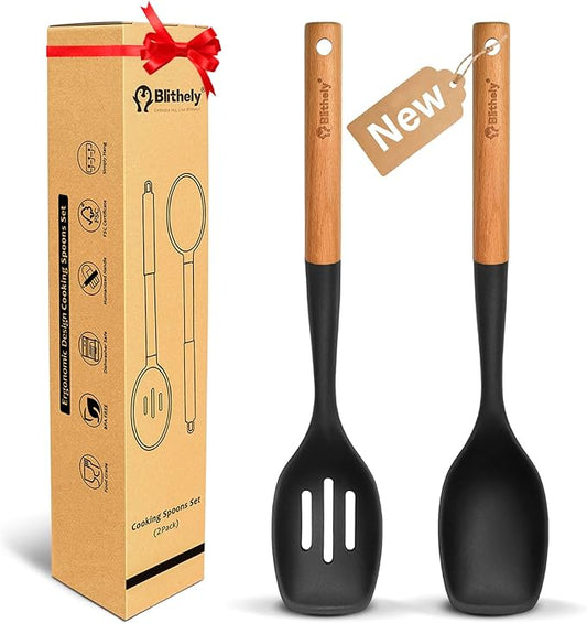 Large Silicone Cooking Spoon Set, 2 Pack Solid Slotted Spoon with Wooden Handle, Nonstick Silicone Kitchen Spoons for Cooking, Heat Resistan Spatula Set for Serving, Basting, Mixing (Black)