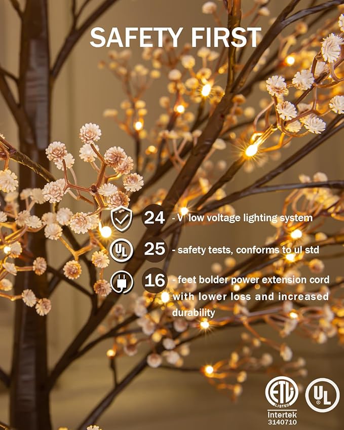 4ft Lighted Baby's Breath Tree with 64 Warm White LED Lights for Holiday Decor - Dimmable, UL Certified, Waterproof - Ideal for Indoor and Outdoor Decoration