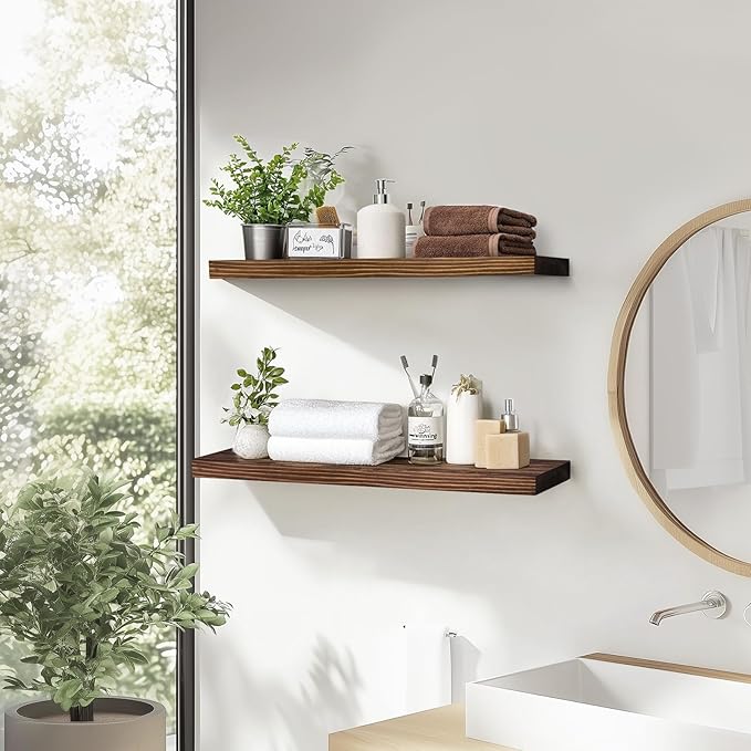24"x6.8"x1.2" Solid Wood Floating Shelves 2-Pack - Rustic Brown Finish with Hidden Brackets, Perfect for Storage and Décor in Living Room, Kitchen, Bedroom