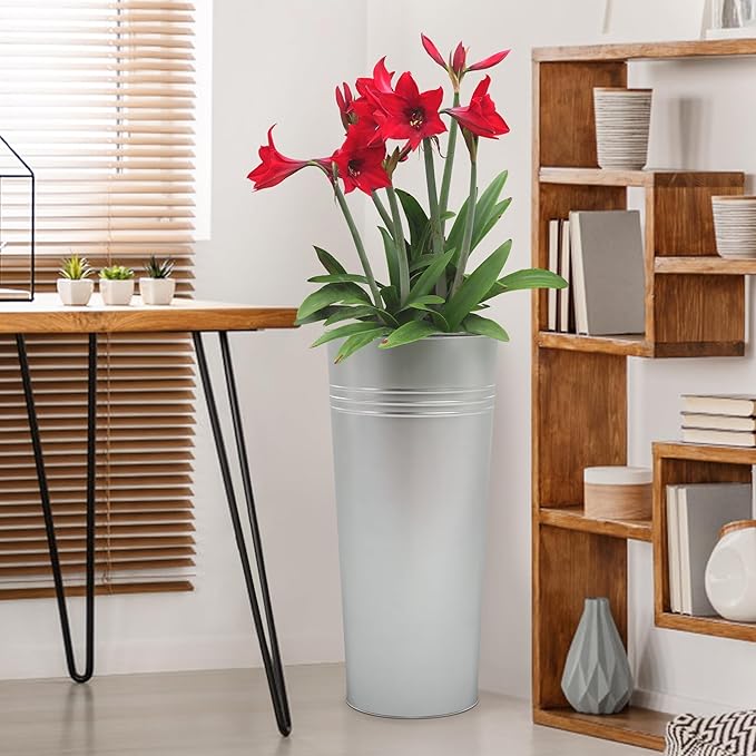 KOL 28'' Tall Galvanized Steel Planter Pot - Flower Pot with Water Level Indicator for Plants - 2-Pack Self Watering Planters - Round Silver Powder Metal Planter Box - Indoor Outdoor Grande Plant