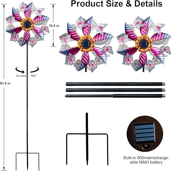Solar Wind Spinners for Yard and Garden - 61.5 Inch 360° Metal Large Wind Sculptures Outdoor Clearance Kinetic Windmills with Vine String Shining LED Lights for Patio, Lawn Garden Decoration