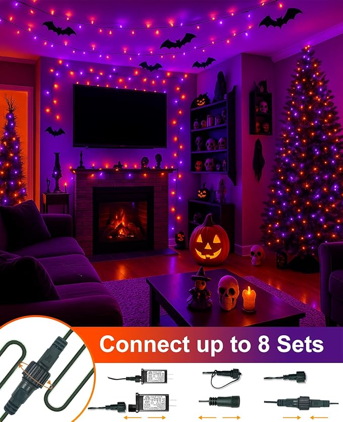 Halloween Lights Outdoor 40FT 120 LED, Green Wire String Lights for Outside Waterproof, 8 Modes Connectable Twinkle Tree Light for Indoor Bedroom Yard Party Holiday Decorations, Purple Orange