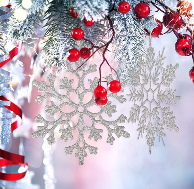 6pcs Large Silver Snowflakes Ornaments 12” Big Plastic Glitter Snowflake for Winter Indoor Outdoor Christmas Tree Window Room Decorations Giant Craft Snowflakes