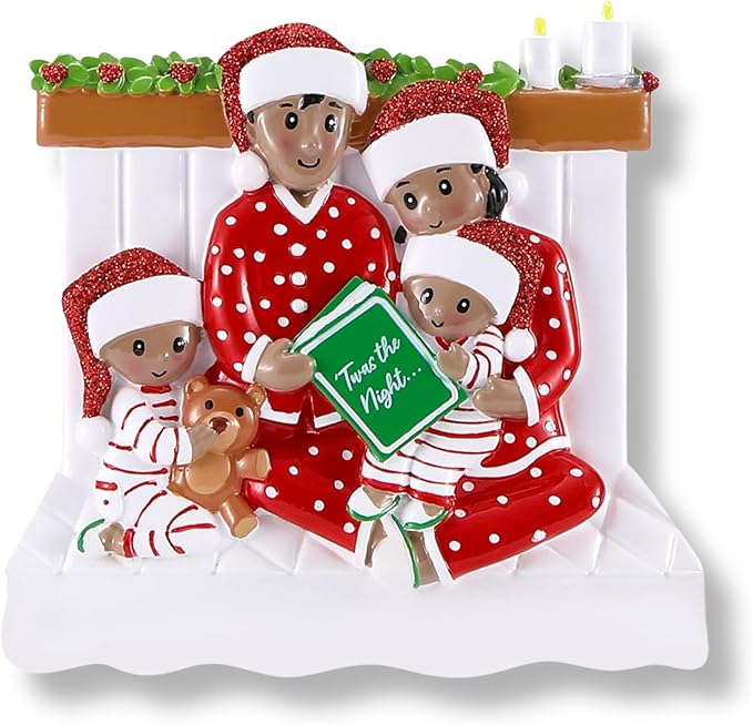 3D African American Pajama Family of 4 Christmas Ornament 2025 Personalized Family Christmas Ornaments 2025 | Black Reading a Book Personalized Tree Ornaments in Red Pajama of Four Ornament Gifts