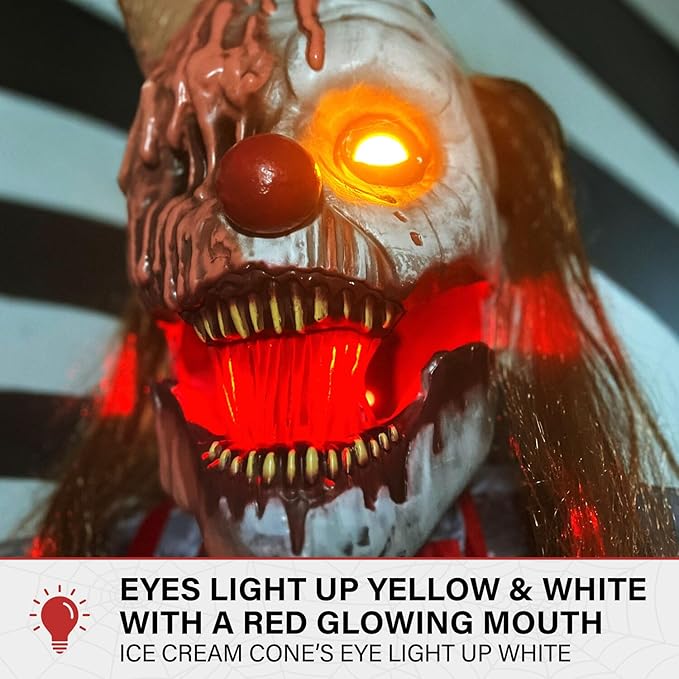 Haunted Hill Farm 6.5-Ft Animatronic I Scream Clown by Tekky, Halloween Animatronic, Creepy Party Decor, Indoor & Covered Outdoor Spooky Party Decoration Motion-Activated Lights & Sound, LifeSize