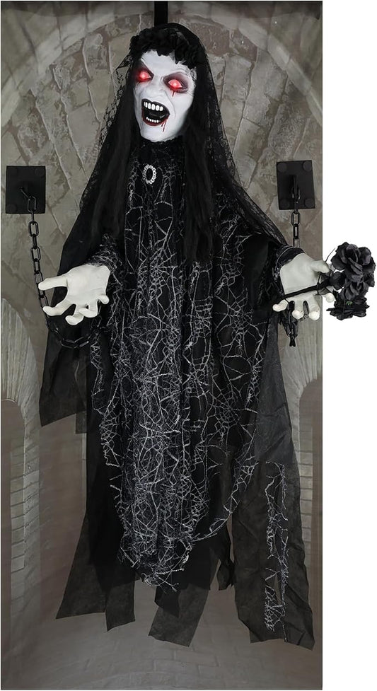 Haunted Hill Farm Animatronic Scary Demon Widow Door Greeter with Touch Activated Lights and Sound, Battery-Operated Indoor or Covered Outdoor Halloween Decoration