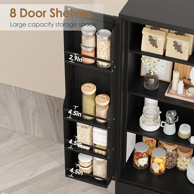 51" Kitchen Pantry Cabinet, Metal Storage Cabinet with 3 Adjustable Layer Shelves, 8 Door Shelves, Buffet Sideboard for Living Room, Kitchen, Black