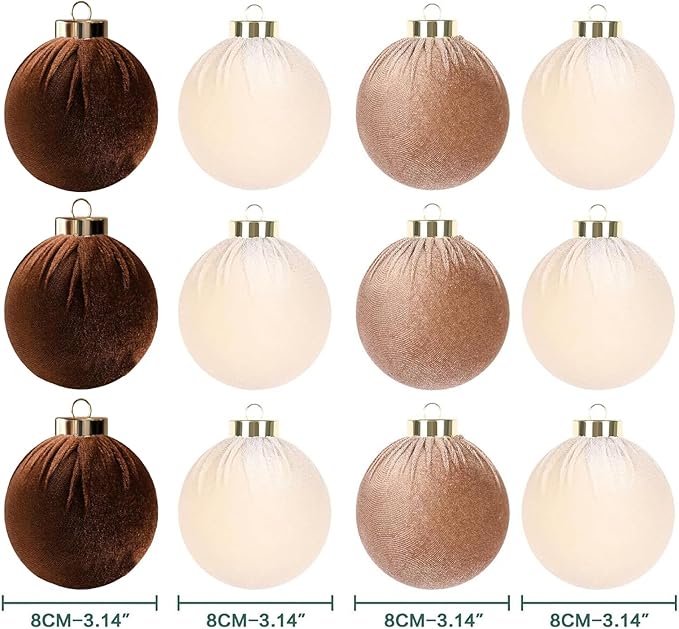 12Pcs Velvet Christmas Ornaments Balls,Brown Christmas Tree Decoration Shatterproof Ball with Hanging for Party Decor Multicolor Brown Beige 80mm/3.15in