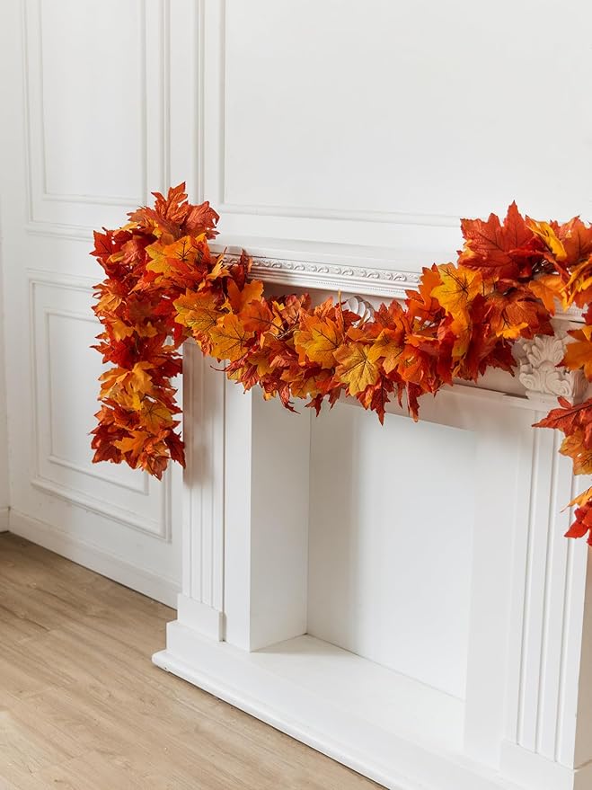 6PCS Yellow-Red Fall Maple Leaves Garland, 5.6Ft Artificial Maple Leaf Autumn Garland Hanging Fall Vines Table Decorations Front Door Fall Decor Thanksgiving Decorations Decor Outside Indoor Decor