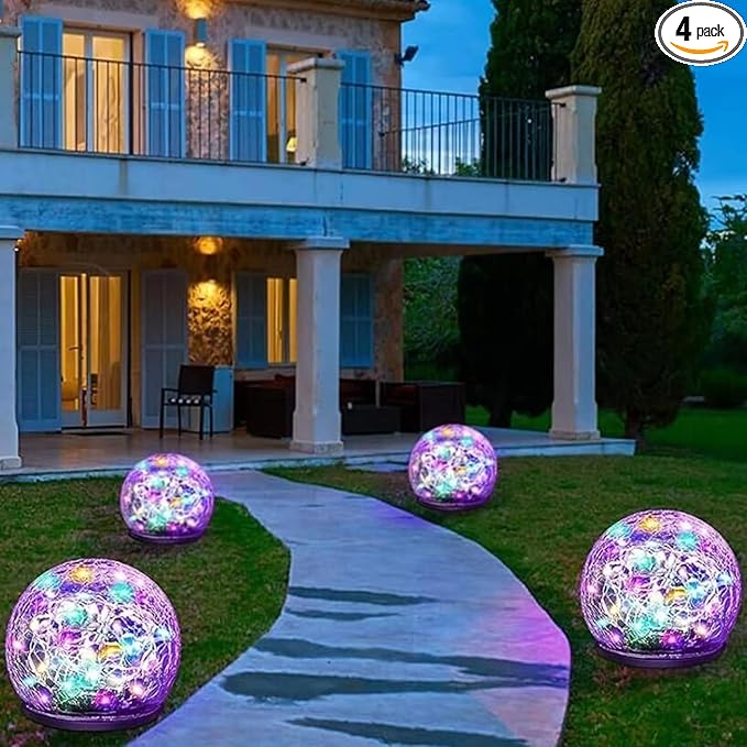 Solar Garden Lights, 4 Pack 120 LED Multicolor Cracked Glass Outdoor Decorative, Upgraded Waterproof Ball for Yard Pathway Patio Lawn Christmas Outside Decor, 3.94"