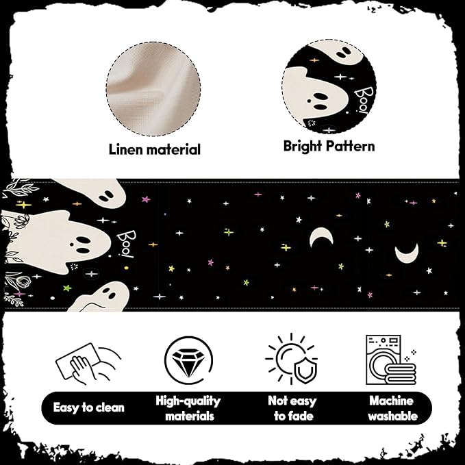 Halloween Black Table Runner Spooky Ghost Floral Boo Table Linen Runner Seasonal Holiday Kitchen Dining Table Decoration Halloween Decorations for Indoor Outdoor Home Party Decor 13x72 Inch