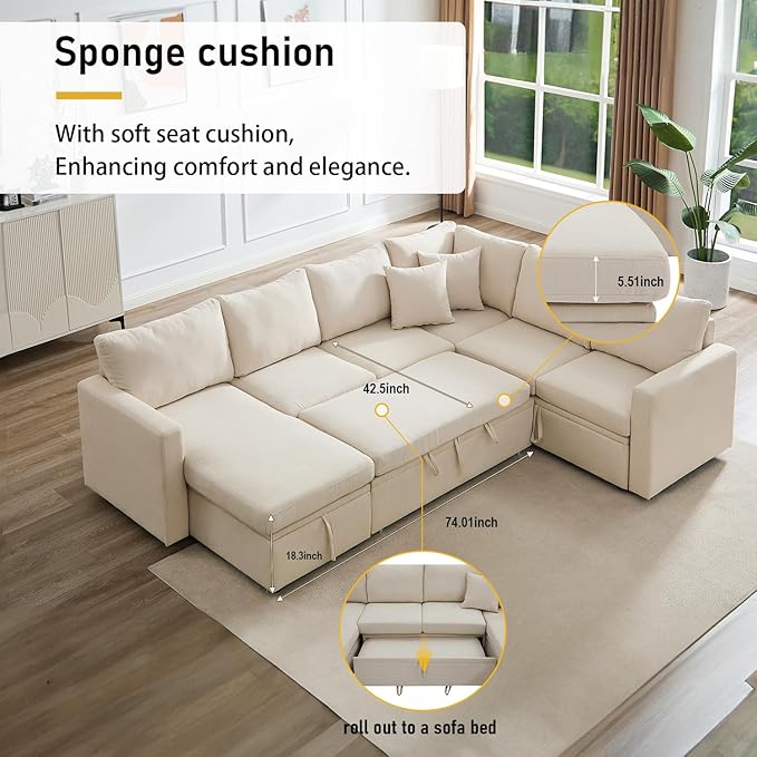 7 - Seater Sofa Bed, Large U - Shaped Modular Sectional Sofa, Oversized Pull - Out Sleeper with Storage for Living Room, Beige