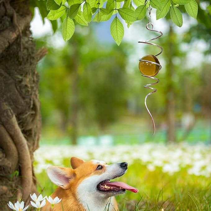 Gazing Ball Spiral Decorative Tail Wind Spinner Sun Catcher 11inch Tail and 2 inch Glass Orb. Wind Spinner Stabilizer Indoor Outdoor Garden Decoration -13 inch Height(Gold)