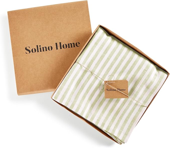 Solino Home Linen Striped Tablecloth 60 x 108 Inch - 100% Pure Linen Sage and White Table Cloth for Rectangle Tables - Amalfi Stripe, Machine Washable Tablecloth for Fall, Autumn, Thanksgiving