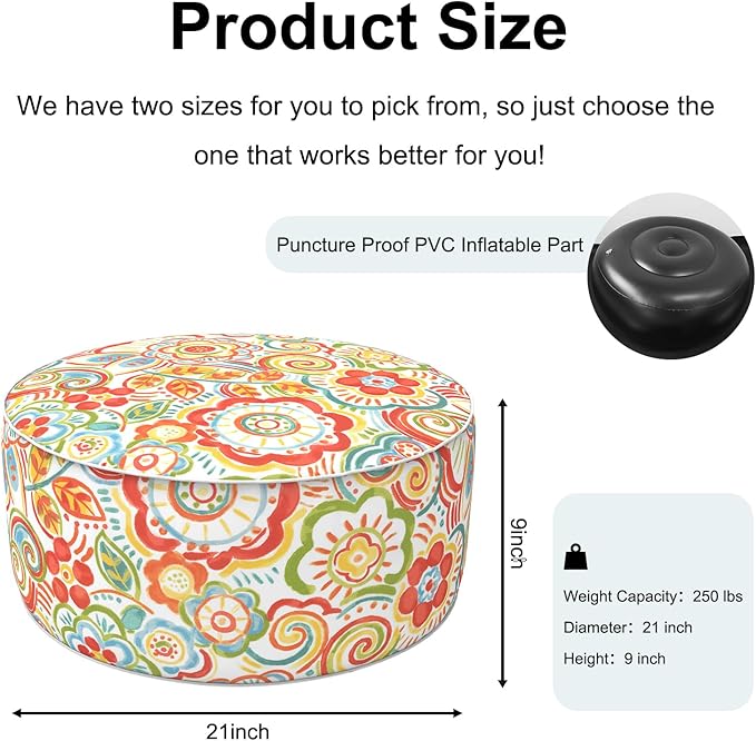 Inflatable Ottoman Stool D21 xH9 for Outdoor/Indoor Use, Water Repellent Patio Foot Rest Stool with Portable Handle,Round Pouf Ottoman Suitable for Garden,Deck and Camping - Flower Red