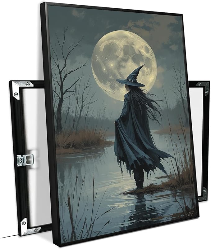 JFHCQJPK Witch in the moonlight magic canvas wall art enchanting Halloween home decor swamp witch silhouette oil painting mysterious gothic aesthetic wall decor print poster20x30in Metal blackFramed