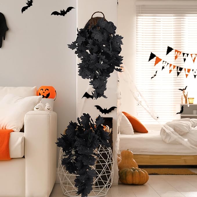 RECUTMS Black Maple Leaf Artificial Hanging Plants Fake Plants Faux Fall Leaves Halloween Faux Plants Autumn Leaves Artificial Wall Hanging Indoor Outdoor Halloween Decoration（Black）