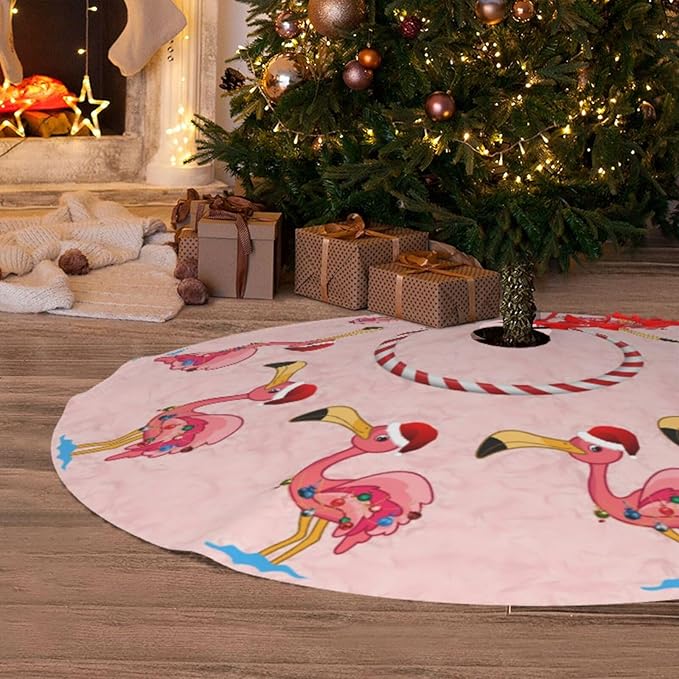 48" Large Christmas Tree Skirt, Christmas Decorated Flamingo Pattern Tree Mat Base Cover for Xmas Festive Holiday Party Decoration Ornaments