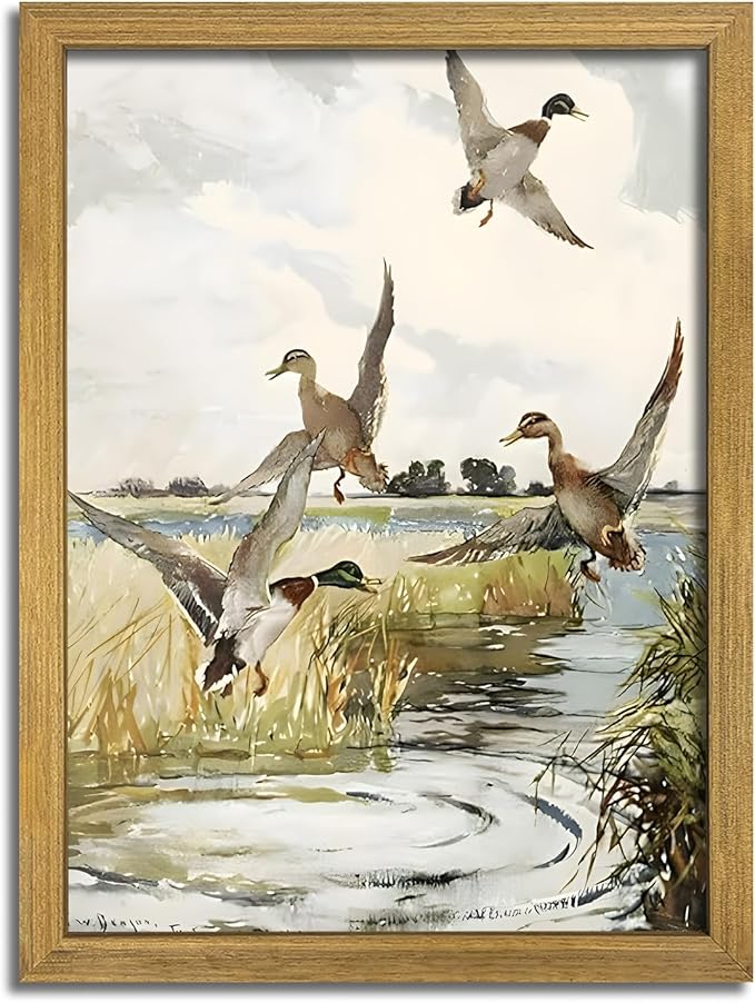Framed Vintage Duck Wall Art Print, Rustic Mallard Watercolor Canvas Poster Wall Decor, Country Wildlife Bird Illustration for Farmhouse Living Room Kitchen Bedroom Decor 12x16 Inch