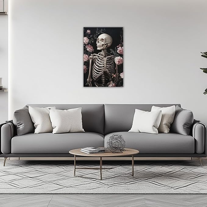OAAPITI Skull Floral Wall Art Vintage Skeleton Portrait Canvas Print Dark Gothic Skull Art for Living Room Bedroom Home Wall Decor Ready to Hang(Artwork-10,28"x42")