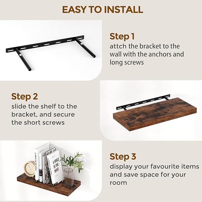 24 x 9 Floating Shelves, 9 Inch Deep Floating Shelf Wall Mounted, 24 Inch Bathroom Shelves Set of 2, Rustic Wood Wall Shelf for Bedroom, Living Room, Rustic Brown Color