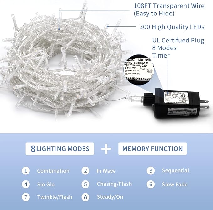 JMEXSUSS 300 LED Christmas Lights Clear Wire, 8 Modes White Christmas String Lights for Tree, Christmas Tree Lights Indoor Outdoor Plug in for Party Wedding Christmas Decorations