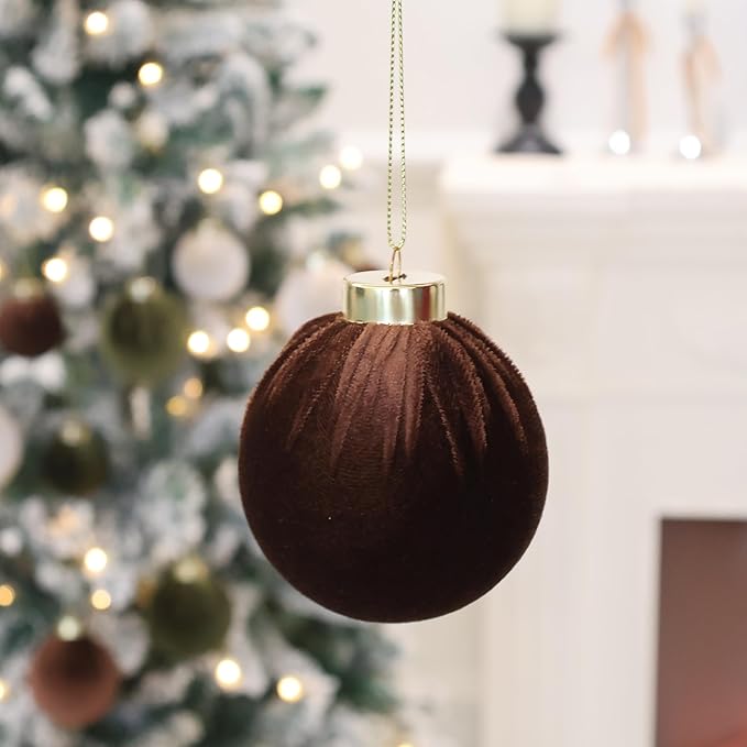6inch Big Brown Velvet Christmas Ornaments, 2pcs Flocked Ornaments Balls Sets for Christmas Tree Decorations