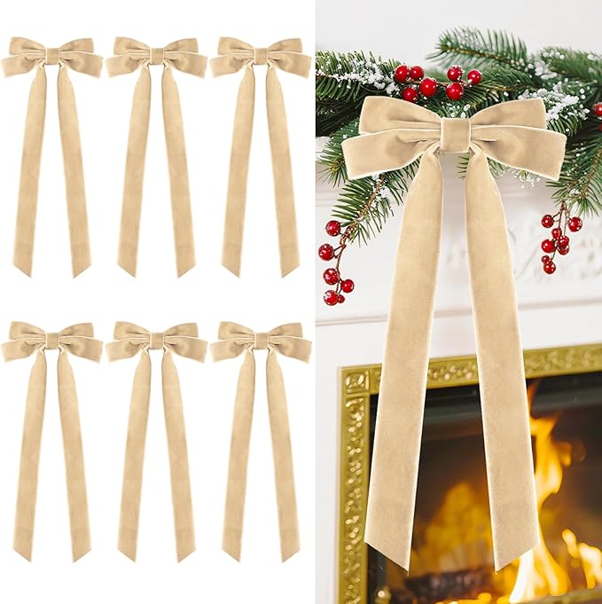Senjie Velvet Large Christmas Bows for Staircase Garland Wreath, 20in x 8in Vintage Ribbon Bows with Twist Tie for Xmas Tree Holiday Indoor Outdoor Decorations (6Pcs, Khaki)