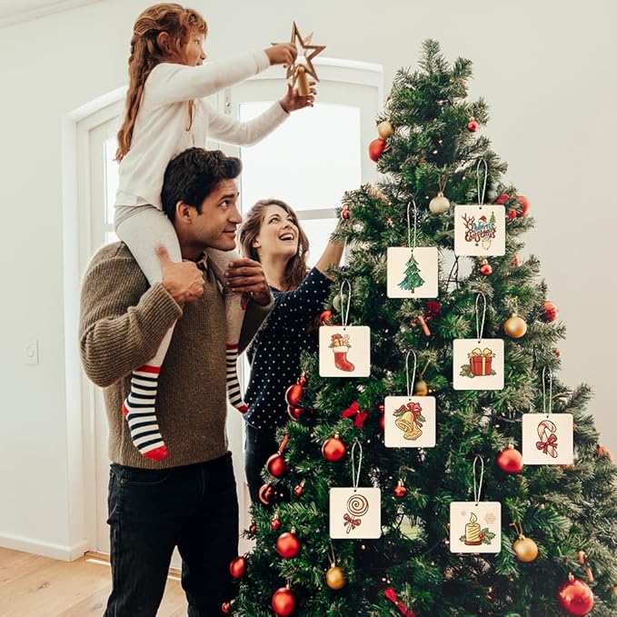 50 Pcs Square Wooden Tags, 3x3 Inch Unfinished Square Wood Slices Blank Square Wooden Slices with Holes, with Jute Twines for Sign Tags Home Party Hanging Decoration