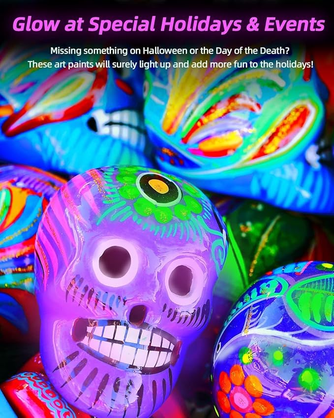 Fantastory Glow in the Dark Acrylic Paint,10 Bright Colors(30ml/1oz); Waterproof, Indoor Outdoor Black Light Paints for Halloween Rocks,Wood,DIY Crafts,Pumpkin, Adults