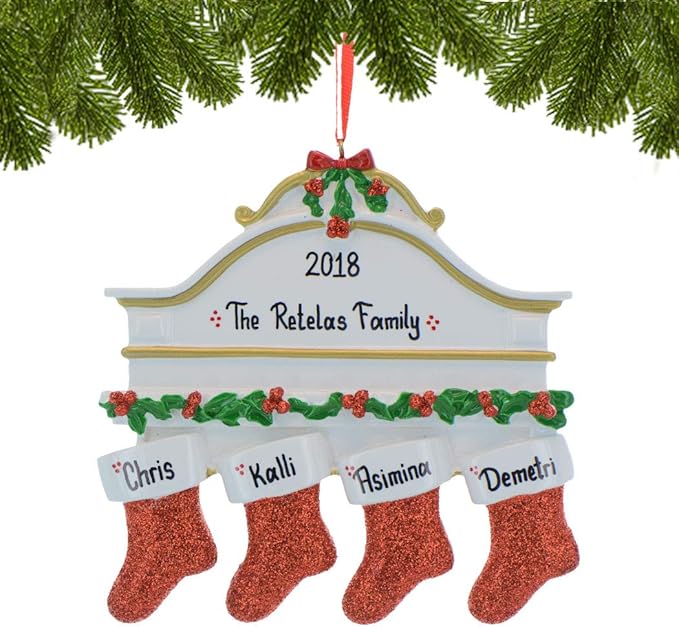 3D White Mantle Family of 4 Christmas Ornament 2025 Personalized Family Christmas Ornaments 2025 | Garland Fireplace Personalized Tree Ornaments Customizable Gifts Red Stockings of Four Ornament