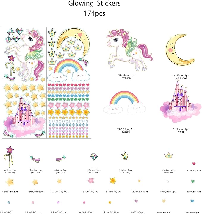 Glow in The Dark Stars and Unicorn Wall Decals, Glowing Castle Moon and Rainbow Stickers, 174 pcs Luminous Ceiling Decor for Kids Bedroom, Decoration for Girls and Boys Room (Blue)